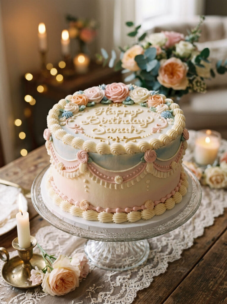 Vintage piped birthday cake with classic buttercream details