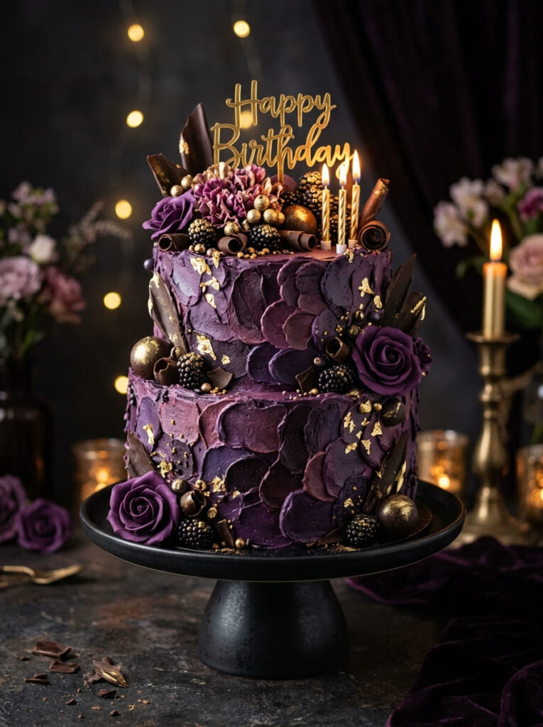 Dark violet birthday cake with rich bold colors and gold accents