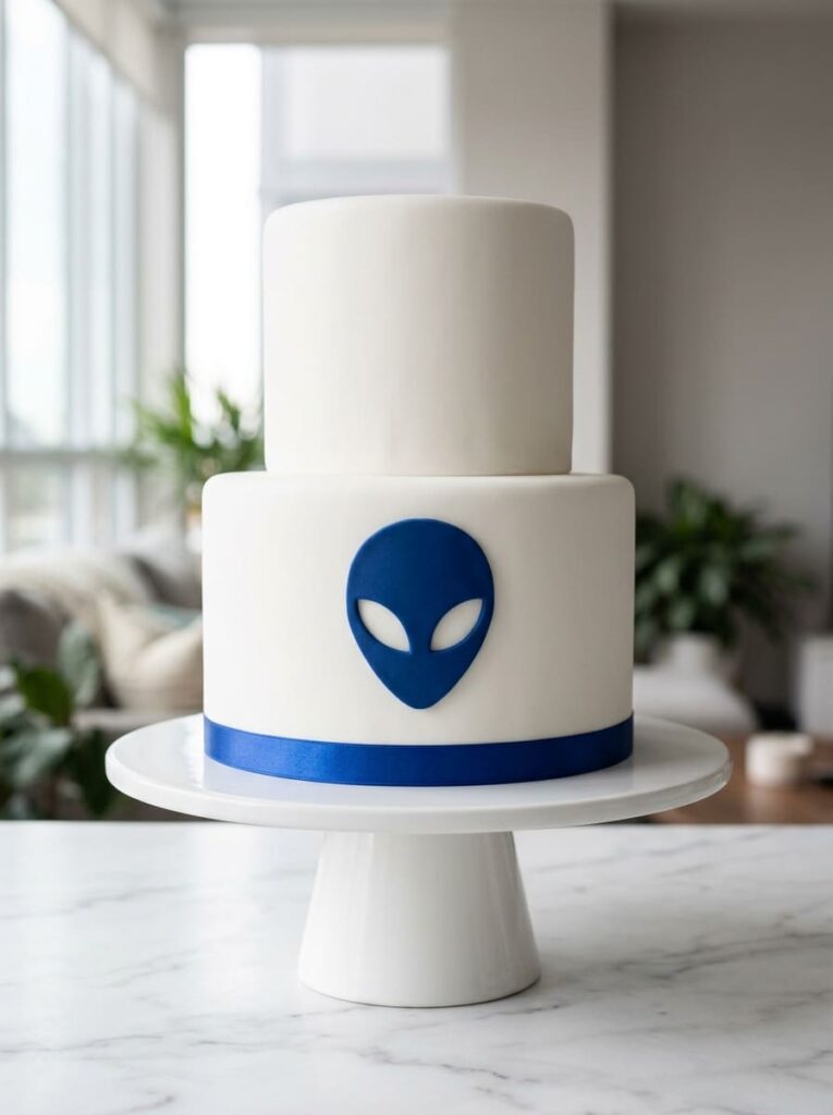 Minimalist modern blue alien cake with simple elegant design