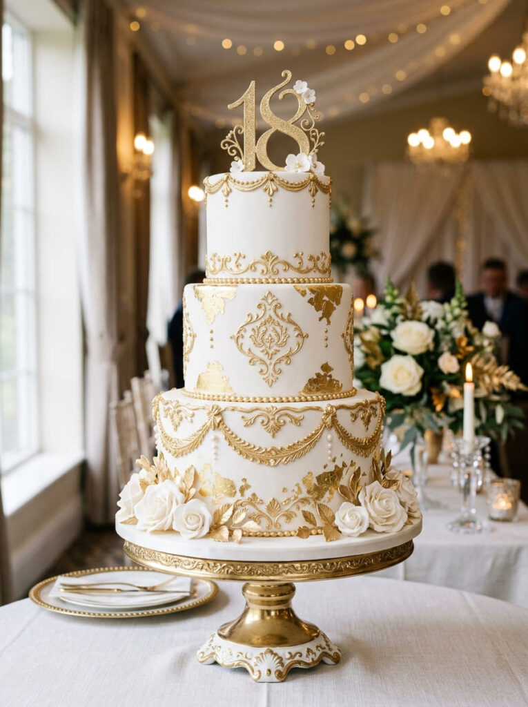 White and gold 18th birthday cake with timeless luxury styling