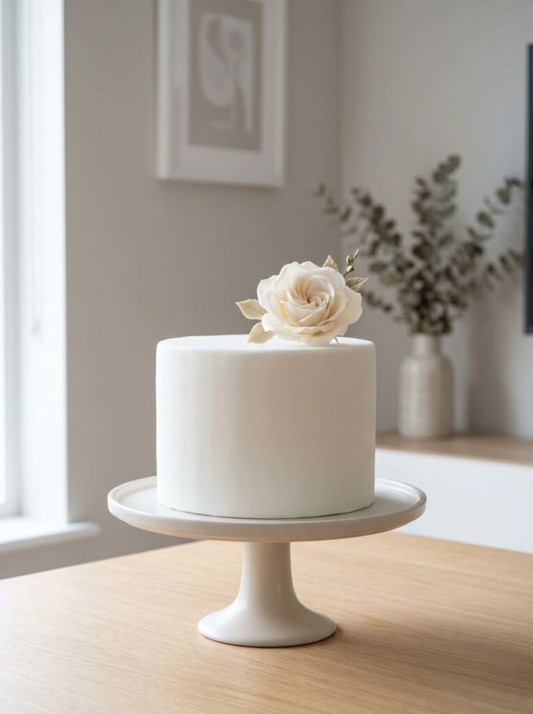Minimal white birthday cake with one elegant accent