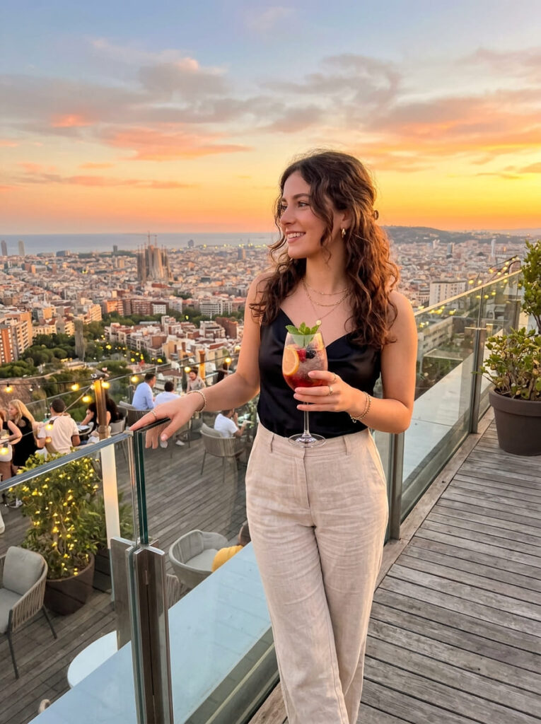 A stylish 19-year-old girl stands by a modern rooftop glass railing holding a mocktail glass against a vibrant gold and pink sunset view.