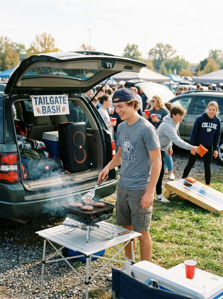 A 19-year-old guy flips burgers on a portable grill next to an open car trunk.