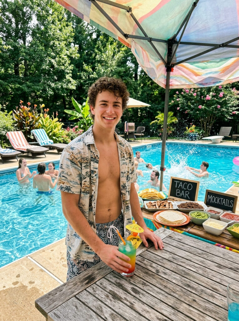 A 19-year-old guy holds a tropical mocktail next to a backyard pool and taco bar.