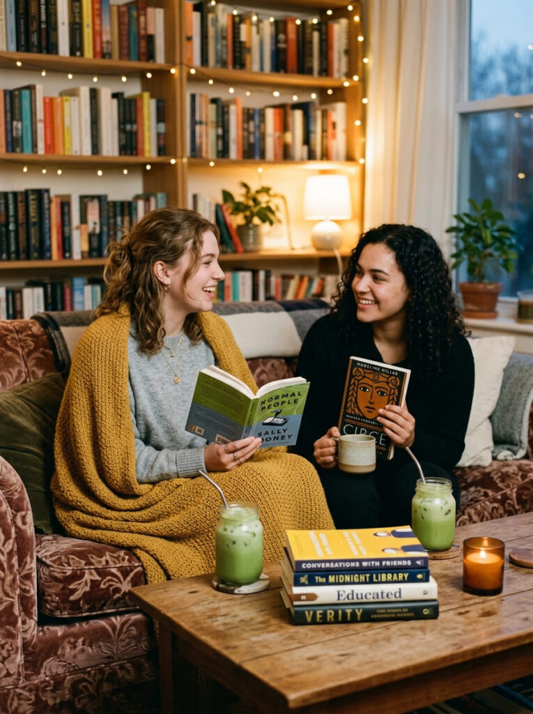 A 19-year-old girl wrapped in a blanket relaxes on a couch with a novel and iced matcha lattes during a cozy home book club exchange.