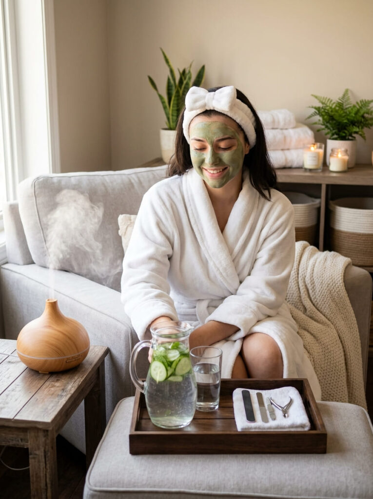 A 19-year-old girl wearing a white spa robe and a clay face mask smiles next to a gentle misting essential oil diffuser and cucumber water.