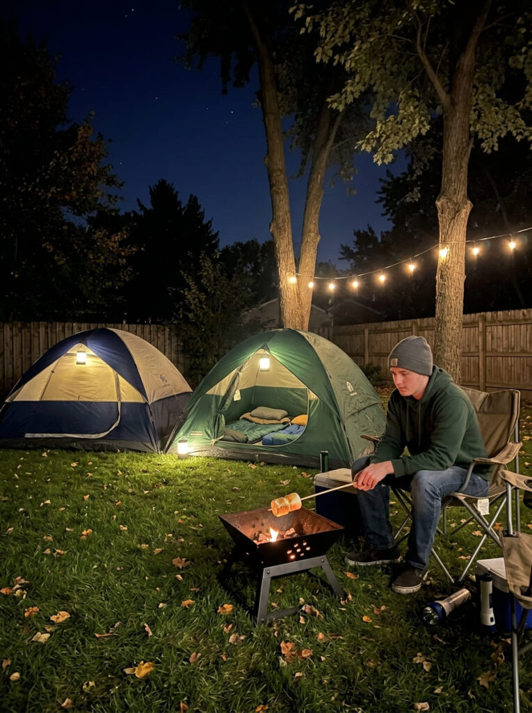 A 19-year-old guy roasts marshmallows over a fire pit next to illuminated camping tents.