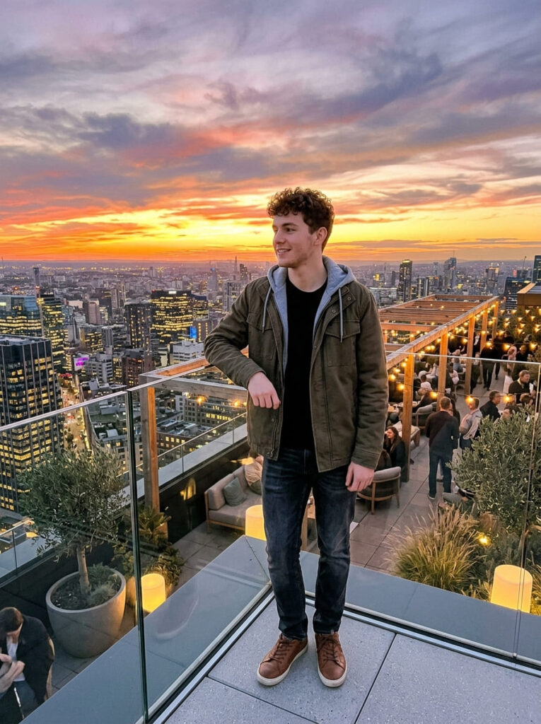 A 19-year-old guy stands by a glass railing overlooking a city skyline at sunset.