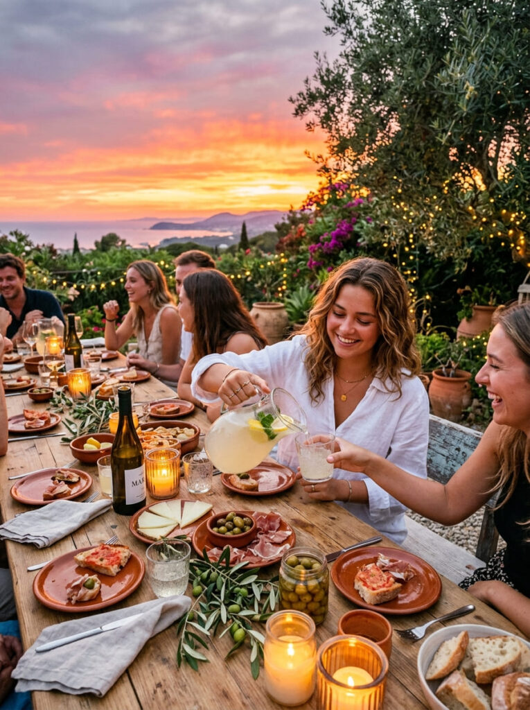 A 19-year-old girl pours sparkling lemonade at a low Mediterranean-style wooden table decorated with olive branches under a brilliant orange sunset sky.