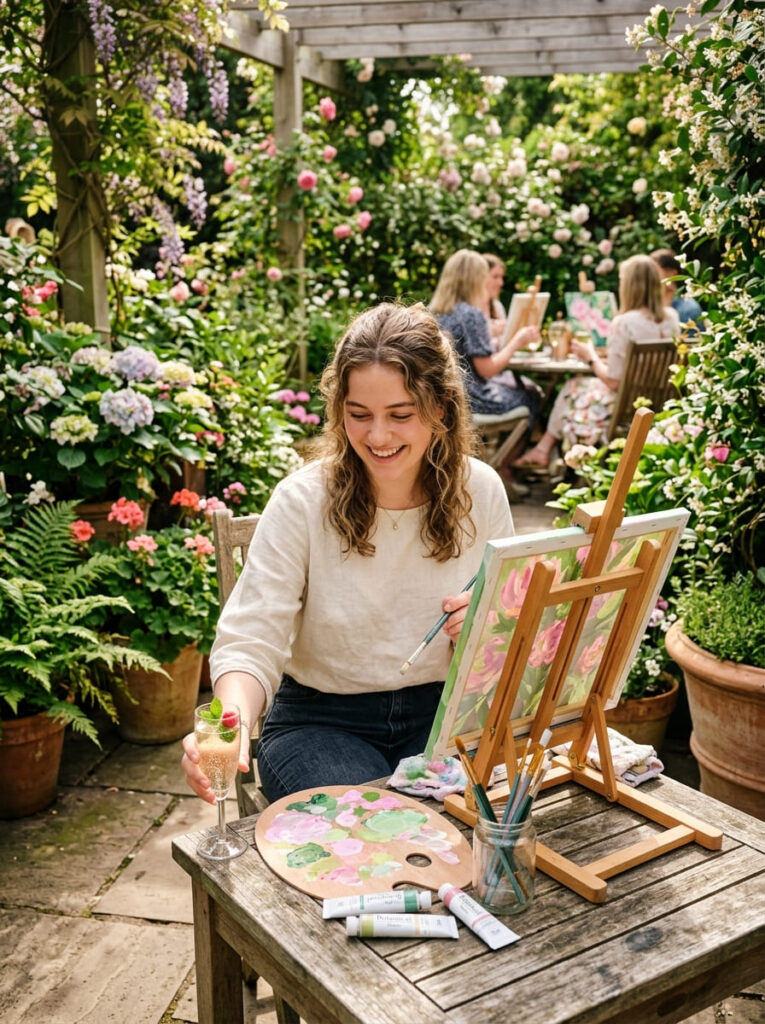 A 19-year-old girl smiles while painting on a canvas easel during an outdoor botanical-themed paint party on a sun-drenched patio.