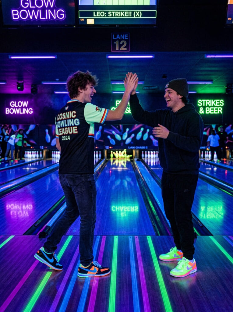 A 19-year-old guy high-fives a friend under vibrant blacklights at a neon bowling alley.