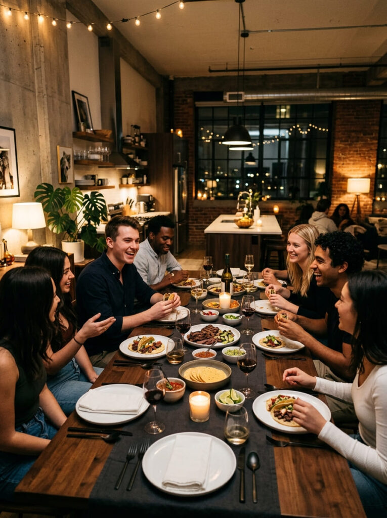 A 19-year-old guy hosts a sleek, modern dinner party for friends under warm ambient lighting.