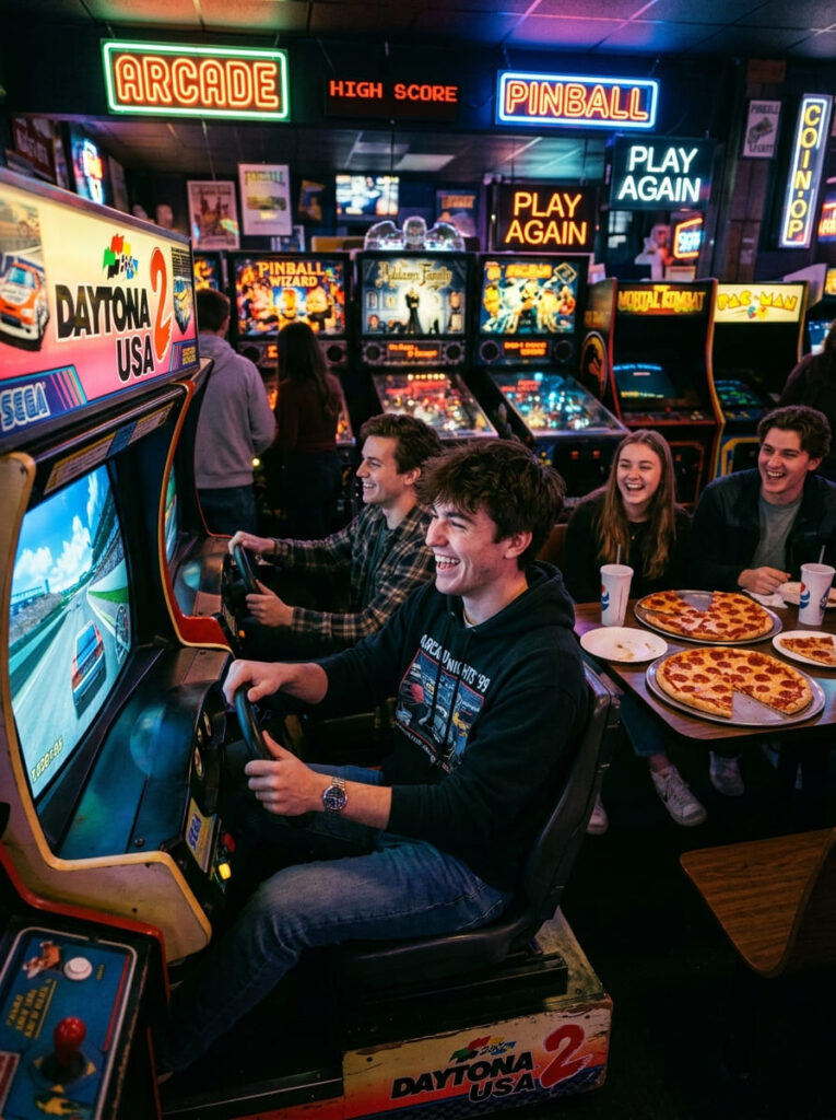 A 19-year-old guy plays a vintage arcade game with friends next to booths filled with pizza.